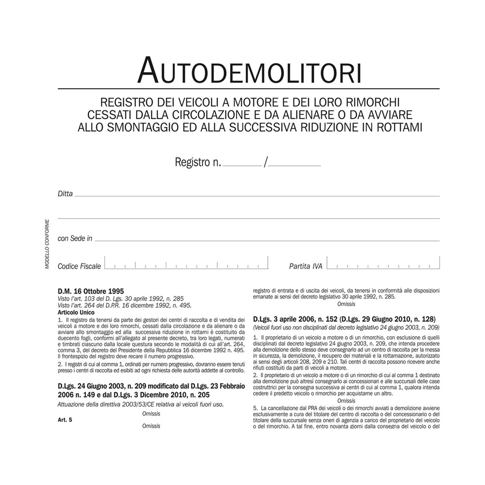 REGISTRO AUTODEMOLITORI 200 PP NUM.DU134020000