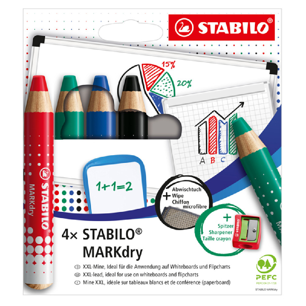 STABILO MARKDRY 4 MATITONI UN TEMPER+PANNO MICROFI