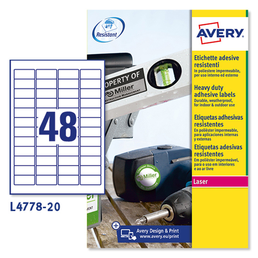 ETICHETTE POLIESTERE AVERY 45,7X21,2MM(48ET.X20FF) PERMANENTI X STAMPANTI LASER