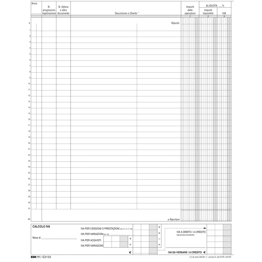 REGISTRO DELLE FATTURE 22PAG NUMERATE H31X24CM