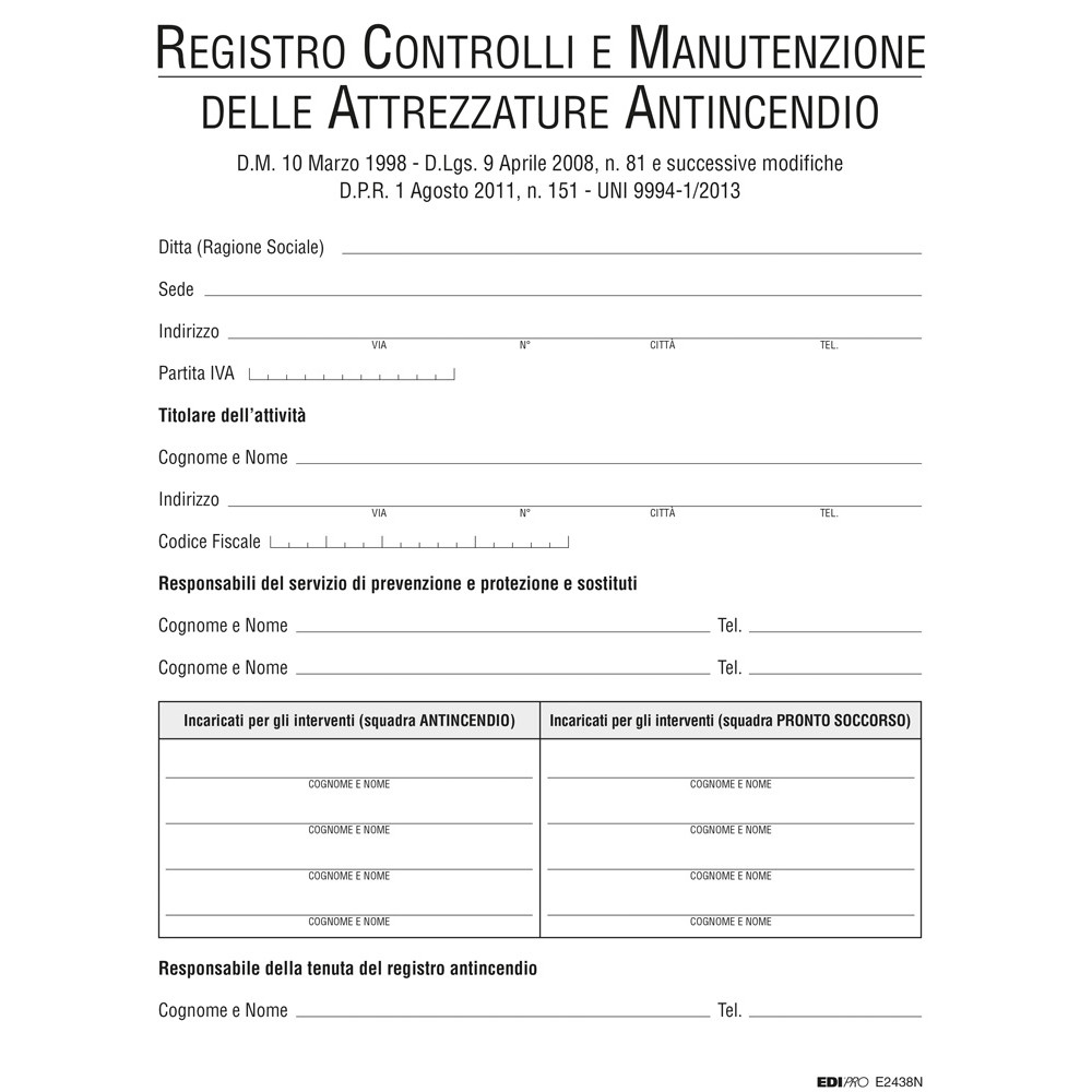 REGISTRO CONTROLLO MANUT.ATTR.INCEN 48PAG H31X24CM