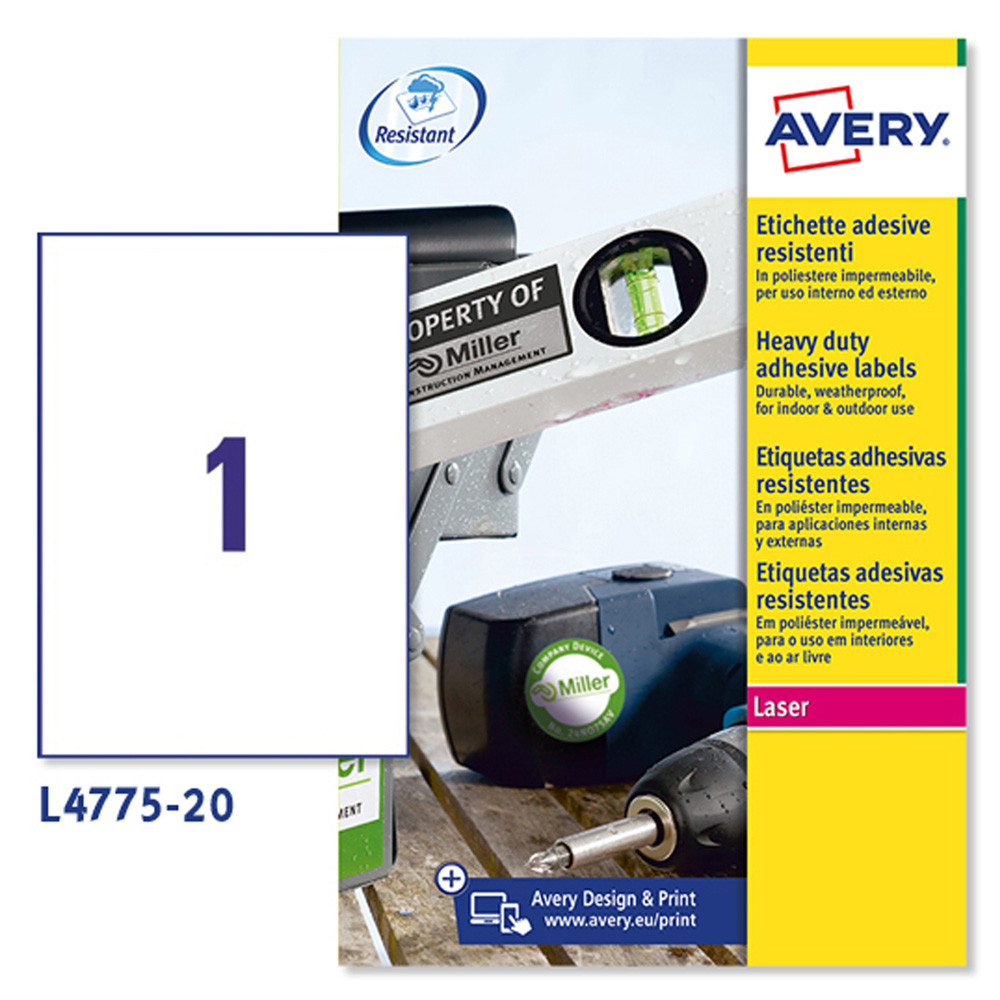 ETICHETTE POLIESTERE AVERY 210X297MM (1ET.X20FF) PERMANENTI X STAMPANTI LASER