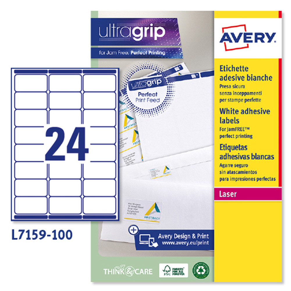 ETICHETTE AVERY QUICKPEEL 63,5X33,9MM (24ET.X100F) PERMANENTI ECOLOGICHE X FOTOC./INKJET/LASER