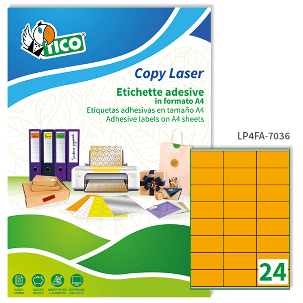 ETICHETTE TICO COPY LASER 70X36MM (24ET.X70FF) C/MARGINE FLUORESCENTI X INKJET/FOTOC./LASER